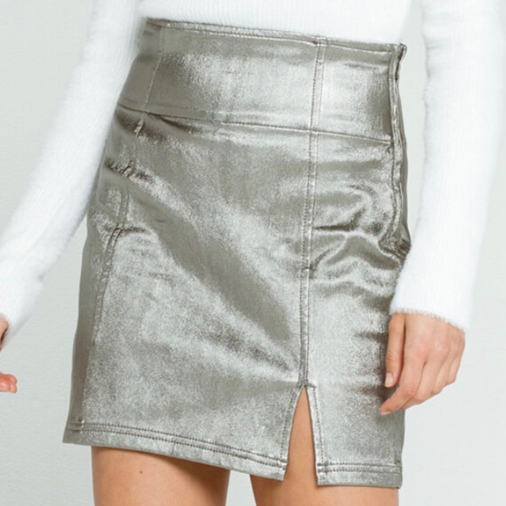 FREE PEOPLE Holding Onto A Dream Coated Silver Mini Skirt